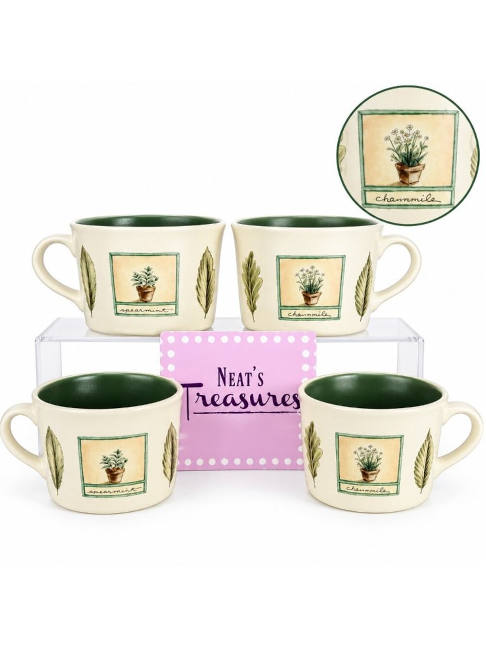 Pfaltzgraff NATUREWOOD Herbs Garden Tools Leaves Stoneware 8oz Cups Mugs Set 4